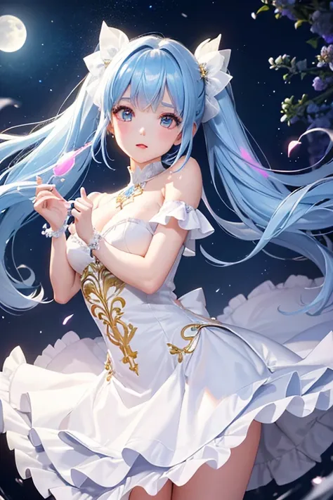 Highest quality、Highest quality、Masterpiece、woman１people、White shiny decollete dress、Golden embroidery、Frill mini skirt dress、Perfect body line、Adorable poses、Realistic、Glowing Skin、Groomed eyebrows、Pink Lips、Blue Eyes、Twin tails、Blue Hair、delicate、Shiny H...