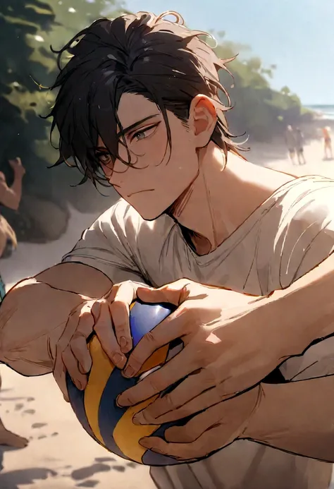  ((masterpiece, best quality, more detail)), ((1man)),  A 22 year old man, holding a beach volleyball in both hands below , Lean to the left 