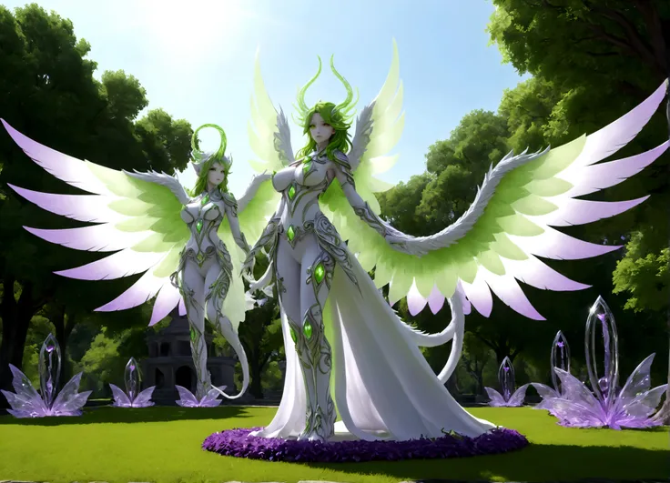 A eldritch angel (central body of a violet lion, 6 pairs of radiant crystal wings, numerous white tentacle eyestalks with neon green eyes) has appeared in a holy corona and approaching the viewer set in a park in daytime
