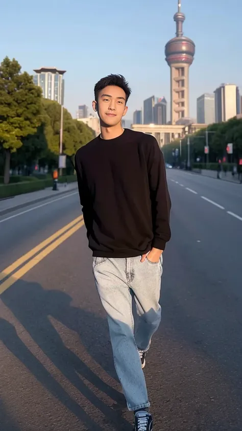 Masterpiece, best quality, height, Ultra high resolution,TRUE, photoTRUEistic,young man,handsome face,evening,natural light,look at viewer,outdoor,full body,smile,round face,short hair,Eye details,Shanghai city road,night scenery