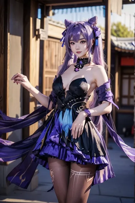 keqing_genshin, 1girl, double bun, long purple hair, purple eyes, pretty face, big breast, hands on crotch strapless dress, bare shoulders, bare arms, black pantyhose, standing, upper body, outdoors,