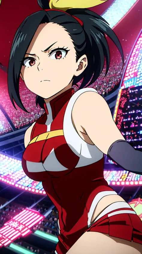 Yaoyorozu , standing , pov from top , big eyes , beautiful face , eyelashes , hot , cheerleader outfit 