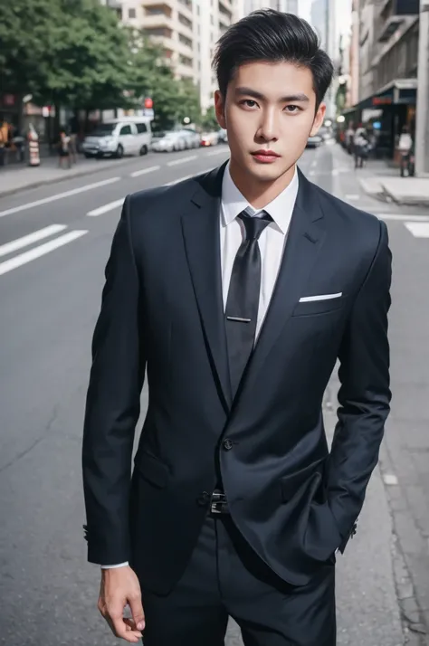 Asian male model on the street，The wedding car is very cool.，best quality，SLR，business suit