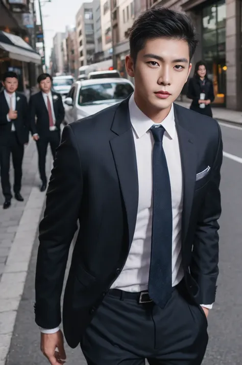 Asian male model on the street，The wedding car is very cool.，best quality，SLR，business suit