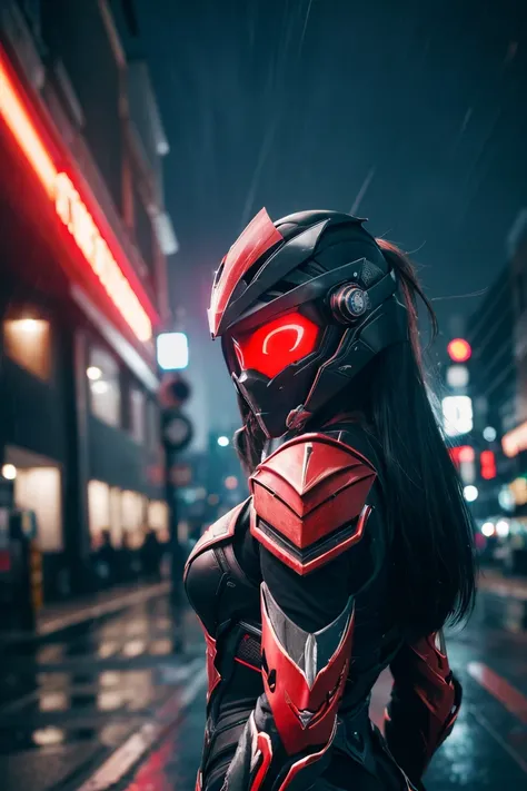 Woman warrior,1 Japanese girl, Warframe, Complex Pattern, Heavy Metal, Energy Line, Faceless, Glowing Eyes, elegant, intense, Blood red and black uniform, alone, Modern, city, street, Dark Clouds, thunderstorm, heavy rain,, Dramatic lighting,, (masterpiece...