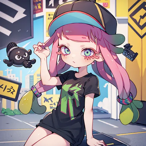 girl,inkling hair,black t-shirt,hat