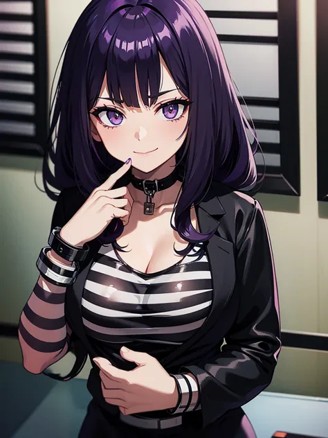 mugshot, anime girl in black and white striped prisoner uniform, hands cuffed or chained, cleavage, big breasts, purple hair, ev...