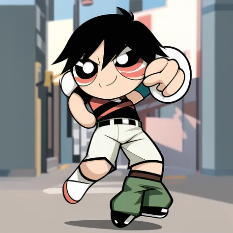 fushiguro toji, muscular male, black shirt, short sleeves, pants, cute smile, full body, chibi, black hair, background, (((Solo)))