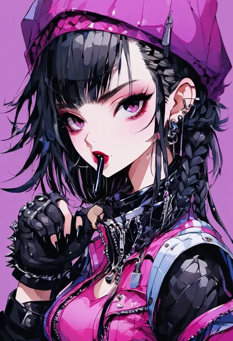 (masterpiece), (Highest quality), One girl, Emo, Spike Collar, Fingerless gloves, Jacket, Black lipstick, Big Breasts, indoor, Braid