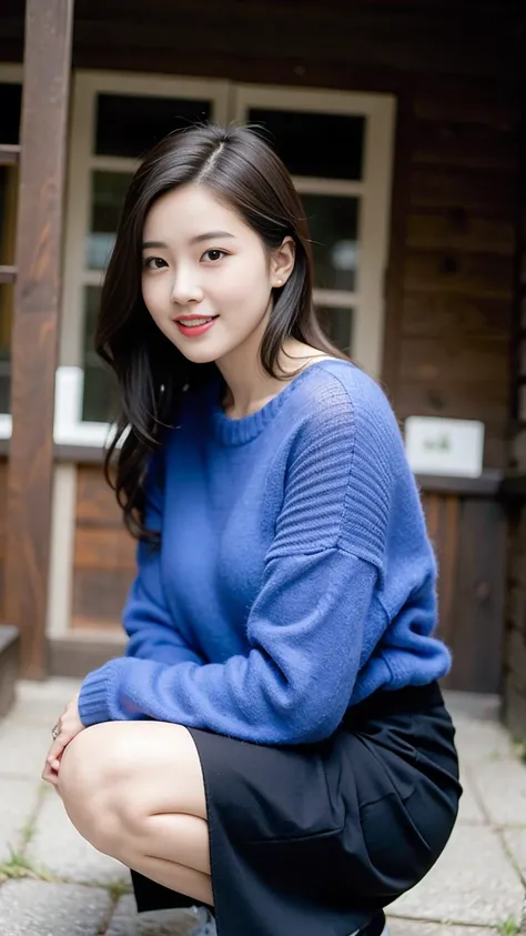 Lovely smile,Alafid woman wearing blue sweater and purple skirt squatting, Juan O&#39;Gorman (John OGorman) Portrait, tumbler, The art of math, blue sweater, Dark Blue, 2 4-year-old female model, edit, Stun, Wearing a navy blue sweater, blue clothes, Beaut...