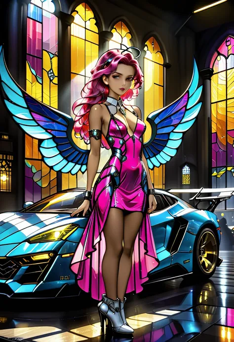 arafed a ((stained glass artwork picture:1.5)) stained-glass, of a (mech cyberpunk female angel: 1.2) standing in at the street ...