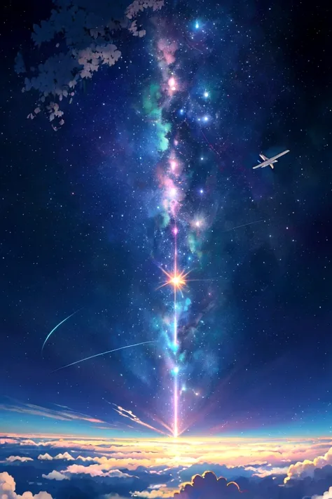 plane、虹色に光り輝くplane、虹色の空を飛ぶplane，colorful，beauttiful stars，wonderful景色，utopia，an atmosphere full of dreams and hope，masterpiece．1...