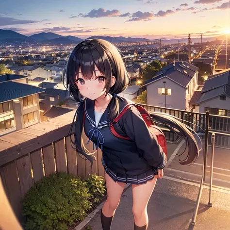 best quality, detailed, masterpiece, 1 girl, standing, gentle smile, 15yo, (low twintails:1.4), low pigtails, black hair, long hair, (navy blue sailor suit with blue ribbon:1.2), long sleeves, (dark brown eyes), (school bag), from the front, from few above...