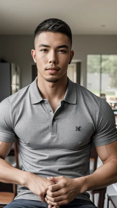 Tony Labrusca, young people, , Grey Polo Shirt, studio, matures,Portrait, man, A serious masterpiece, model  , Wide yard, tables, chairs, restaurant