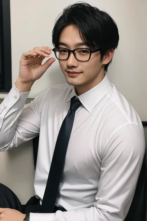 （Direct Image）Asian people, 30 years old, project manager。wear glasses，He wore a dark suit., Pair it with a white shirt and dark tie.。His hair is neat., The face is completely clean., round face，short hair，Eyes reveal intelligence and confidence.。He smiles...