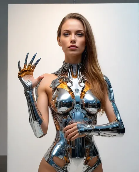 A cyborg girl stands in the center of a large bright studio and is engaged in creating her self-portrait on canvas. She is depicted in all her majestic beauty and elegance. Her metallic skin reflects the light, creating a play of hues and highlights like a...