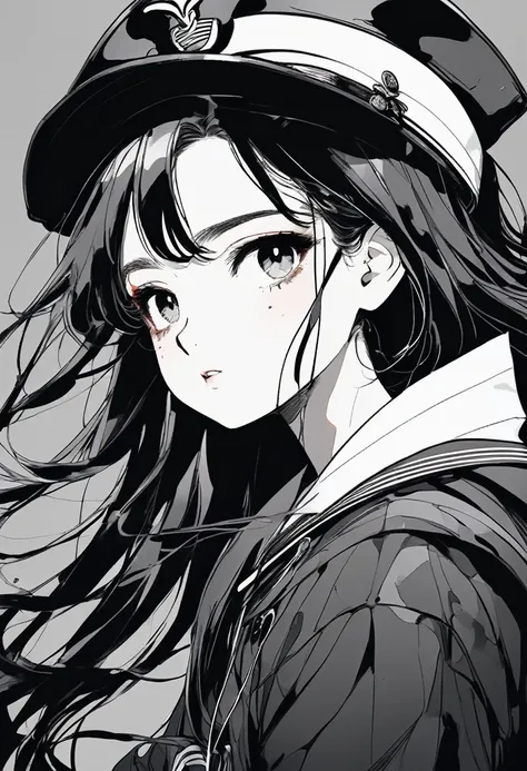 (Highest quality, masterpiece, Perfect Face, beautifully、aesthetic) ,Ink Art,(Highest quality,Tabletop:1.2),(Black and white comic core:1.1),(extremely high contrast),Dark ink,One Girl,Black-haired,Face Shadow、8K,solve,high school girl,Sailor suit,