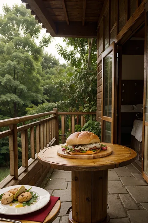 nature hotel outside table , meat bun
