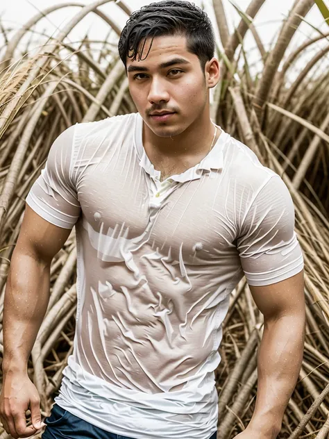 独奏 , 1 person , Portrait of a handsome Asian rugby player, short hair, no beard, muscular, big muscles, wearing a gray round neck t-shirt, wet, outdoors, rice field, countryside, hut, Thailand, Laos, Burma, Asia.