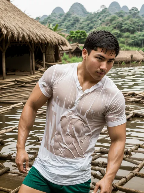 独奏 , 1 person , Portrait of a handsome Asian rugby player, short hair, no beard, muscular, big muscles, wearing a gray round neck t-shirt, wet, outdoors, rice field, countryside, hut, Thailand, Laos, Burma, Asia.