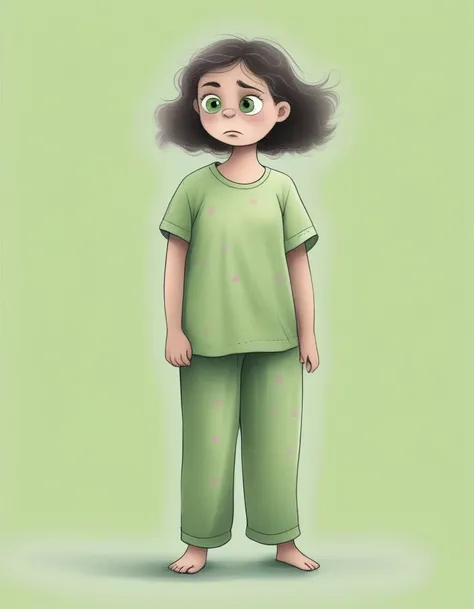 [Pina] A YOUNG GIRL WEARING LIGHT GREEN TISHIRT AND GREEN PAJAMA grumbles as her mother asks for help, and in her frustration, she wishes for many eyes to find things without moving.