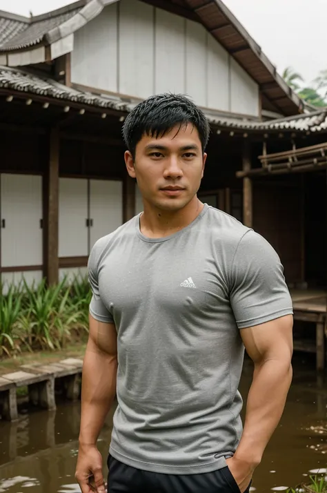 独奏 , 1 person , Portrait of a handsome Asian rugby player, short hair, no beard, muscular, big muscles, wearing a gray round neck t-shirt, wet, outdoors, rice field, countryside, hut, Thailand, Laos, Burma, Asia.