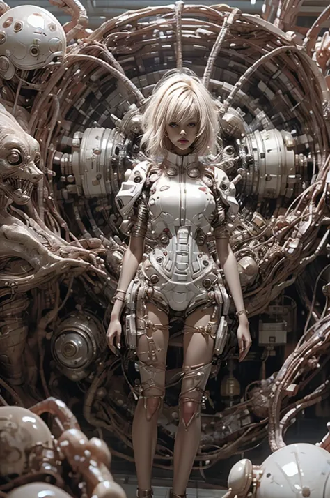 a full-length figure of a cool girl wearing a detailed mechanical armored suit. exposed wiring, lots of cords and tubes connecti...