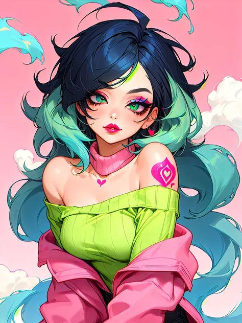 masterpiece, adult, pink themed room, woman with green to blue ombre hair, lipstick, tattoos, bangs, messy hair, eye shadow, smo...