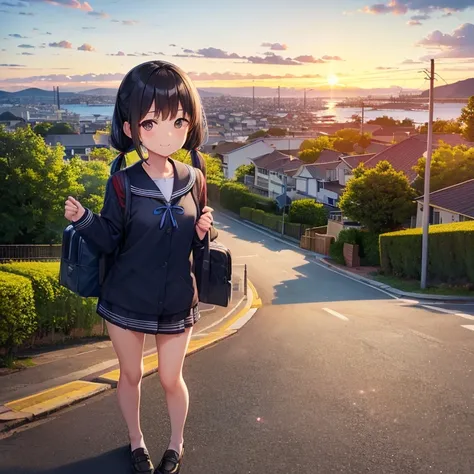 best quality, detailed, masterpiece, 1 girl, standing, gentle smile, 15yo, (low twintails:1.4), low pigtails, black hair, long hair, (navy blue sailor suit with blue ribbon:1.2), long sleeves, (dark brown eyes), (school bag), from the front, from few above...