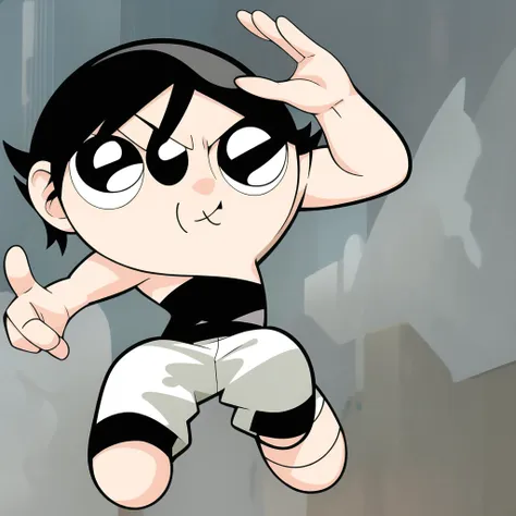 fushiguro toji, muscular male, black shirt, short sleeves, pants, cute smile, full body, chibi, black hair, background, (((Solo)))