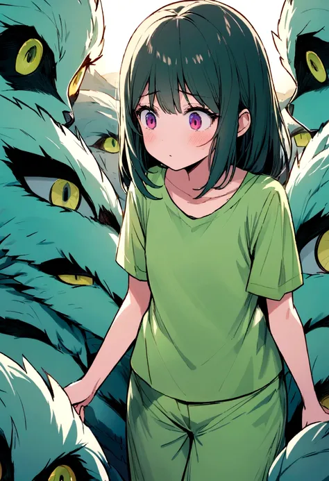 [Pina] A YOUNG GIRL WEARING LIGHT GREEN TISHIRT AND GREEN PAJAMA grumbles as her mother asks for help, and in her frustration, she wishes for many eyes to find things without moving.
