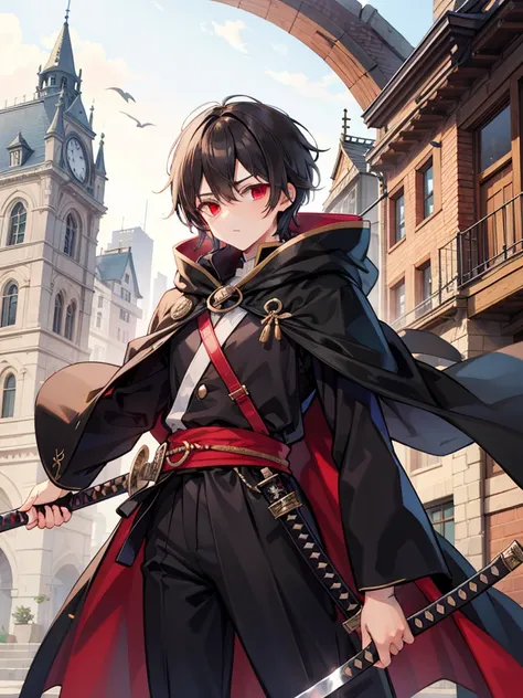 masculine teenage boy, medium length black hair, brown eyes, black cloak, holding sheathed katana