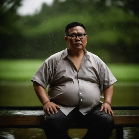 Asian man, Fat, Chubby, 50 year old, wearing glasses, short hair, Shirtless, shirt off, sitting, wet from the rain.