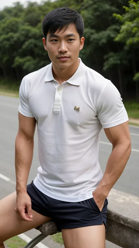 Thai man ,man，He is about 30 years old.，Rough and handsome appearance，Big muscleuscleหน้าอกขนาดใหญ่，(white polo shirt park:1.3)，Big waistline，chest hair，sitting on the roadside，Wearing the tongs，buzz cut, angry, sullen, best quality, Masterpiece，(outdoor b...