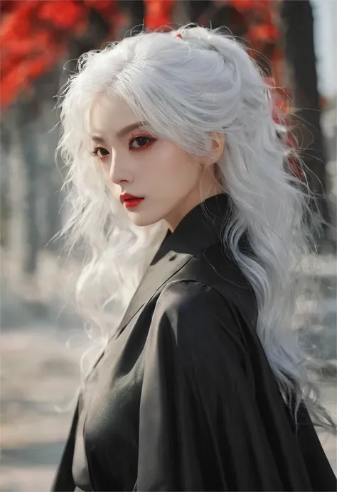 masterpiece , afternoon , close up , beauty , white hair , red eyes , black robe