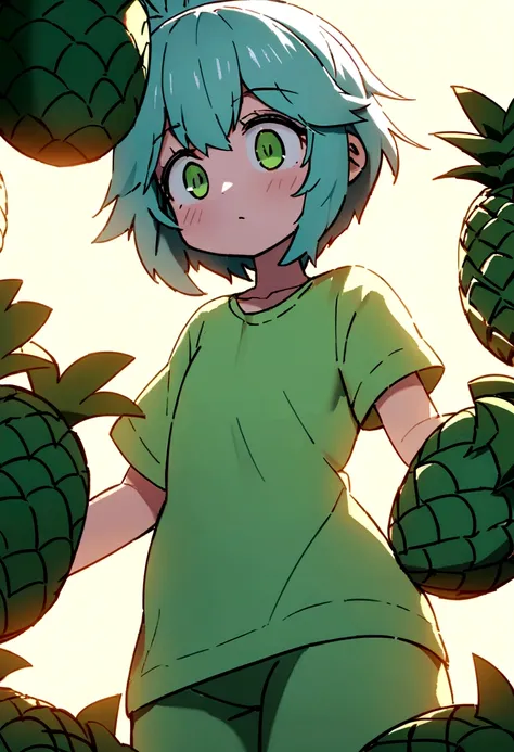 [Pina’s] A YOUNG GIRL WEARING LIGHT GREEN TISHIRT AND GREEN PAJAMA HER body starts to transform, her skin becoming rough and covered in numerous eyes, turning into a pineapple.