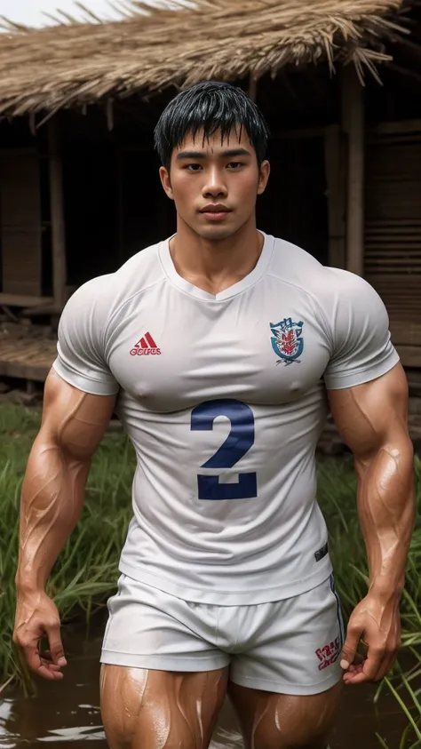 独奏 , 1 person , Portrait of a handsome Asian rugby player with short hair, a muscular beard, big muscles, wearing a white round neck t-shirt, wet, outdoors, rice field, countryside, hut, Thailand, Laos, Burma, Asia.