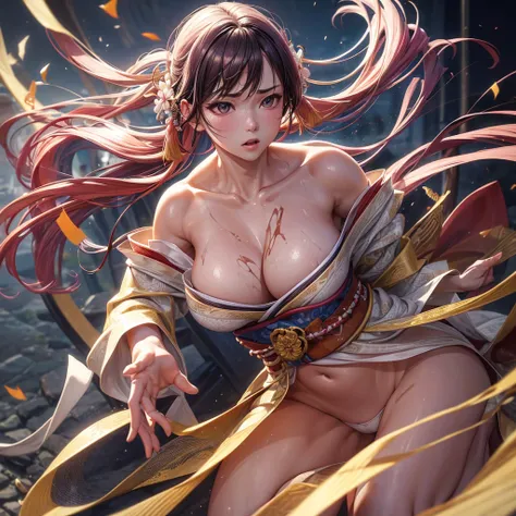 Female warrior, fierce fighting posture, shy eyes, big breasts exposing her cleavage and navel, a hint of pink on top of her head, well-developed muscles, wearing a white kimono with high slits, giving the effect of being worn. When taking a full-body port...