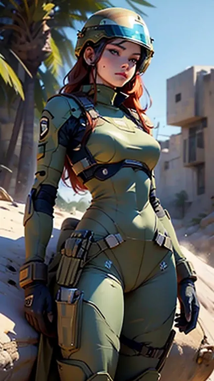 1woman 20 years old, sculpted, israel military, wearing a soldier helmet, beautiful, perfect body, realistic, red hair, perfect body, thin waist, full outfit, wide hips, large breasts, slim thighs, jungle background, armored vehicle, flying fighters, milit...