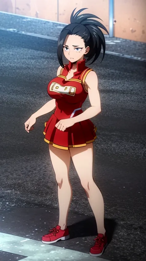 yaoyorozu , standing , pov from top , big eyes , beautiful face , eyelashes , hot , cheerleader outfit , my hero academia style ...