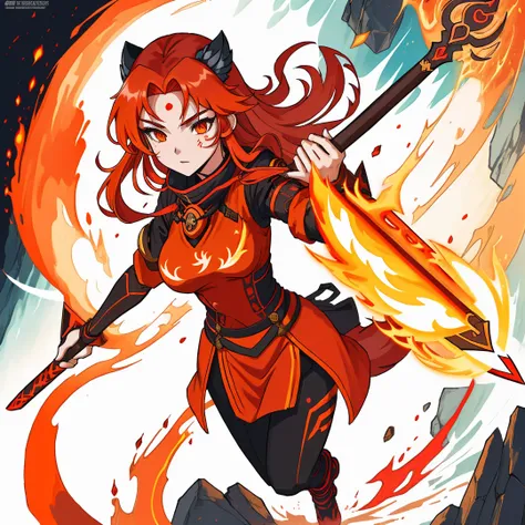 anime girl with red hair holding a fire stick and a staff, fire!! whole body, fire mage, appears as the fire goddess, goddess of fire, fire goddess, Fox and bush, hot fire goddess, Ayaka Genshin Impact, lava and fire goddess, she has fire powers, Anime God...