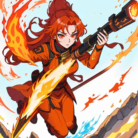 anime girl with red hair holding a fire stick and a staff, fire!! whole body, fire mage, appears as the fire goddess, goddess of fire, fire goddess, Fox and bush, hot fire goddess, Ayaka Genshin Impact, lava and fire goddess, she has fire powers, Anime God...