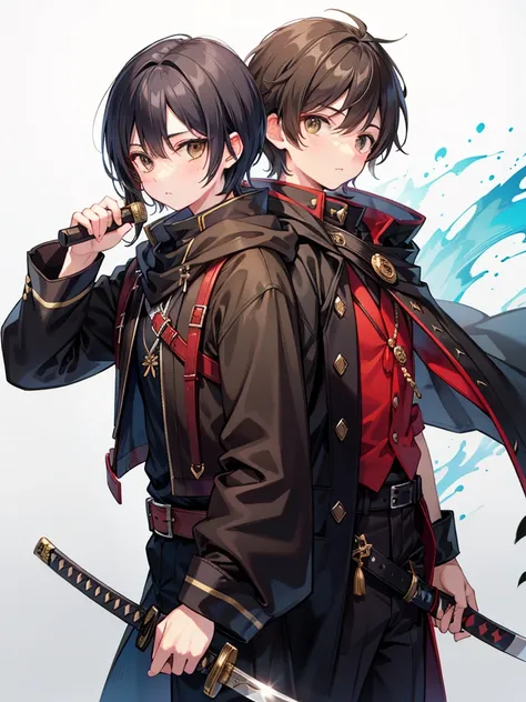 masculine teenage boy, medium length black hair, brown eyes, black cloak, holding sheathed katana