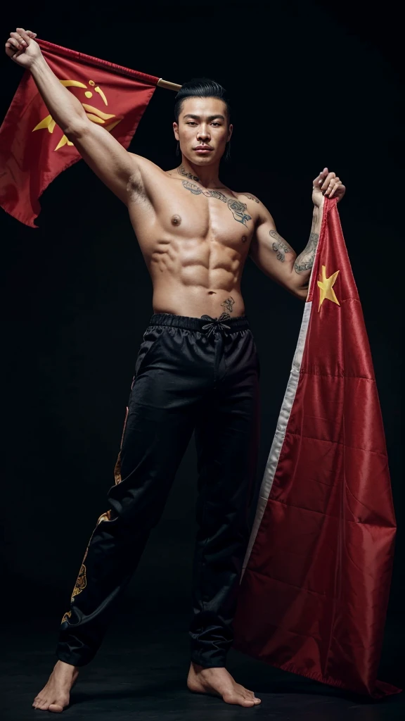 1 Chinese man 2 He holds a flag 8 meters long and it is the flag of China 3 he has a black background 4 he has six-pack abs 5 he has tattoos of Chinese dragons 6 he has velvet pants with Chinese dragons 7 The pants have colors that represent China 8 The ma...