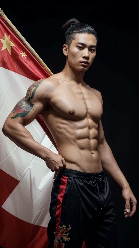 1 Chinese man 2 He holds a flag 8 meters long and it is the flag of China 3 he has a black background 4 he has six-pack abs 5 he has tattoos of Chinese dragons 6 he has velvet pants with Chinese dragons 7 The pants have colors that represent China 8 The ma...