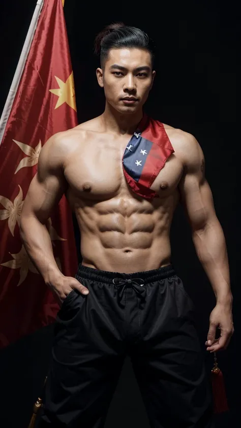 1 Chinese man 2 He holds a flag 8 meters long and it is the flag of China 3 he has a black background 4 he has six-pack abs 5 he has tattoos of Chinese dragons 6 he has velvet pants with Chinese dragons 7 The pants have colors that represent China 8 The ma...