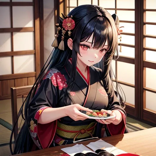 A woman with long black hair wearing a kimono is making sushi