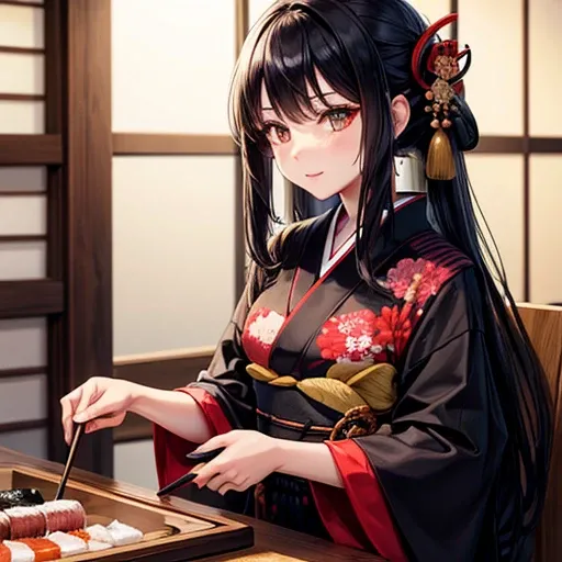 A woman with long black hair wearing a kimono is making sushi