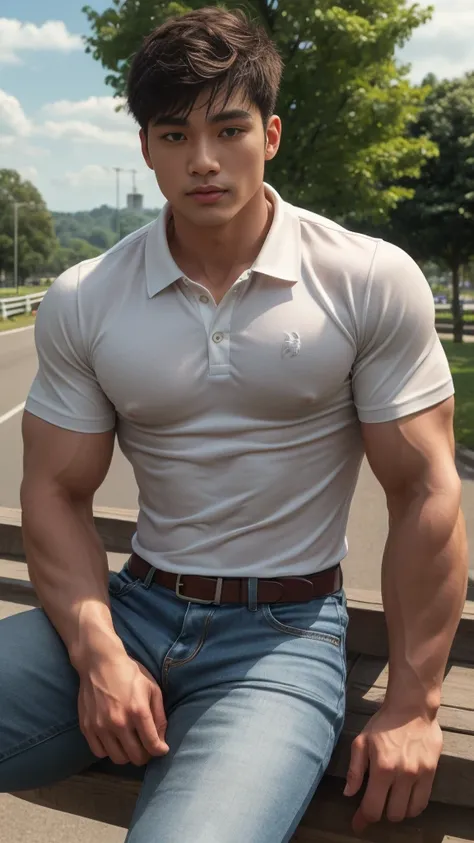 Thai man ,man，He is about 30 years old.，Rough and handsome appearance，Big muscleuscleหน้าอกขนาดใหญ่，(white polo shirt park:1.3)，Jeans ,Big waistline，chest hair，sitting on the roadside，Wearing the tongs，buzz cut, angry, sullen, best quality, Masterpiece，(ou...