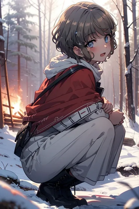 tomoekoga, Chie Koga, short hair, Brown Hair, blue eyes, hair band,smile,blush,White Breath,Medium Chest,
Open your mouth,snow,Ground bonfire, Outdoor, boots, snowing, From the side, wood, suitcase, Cape, Blurred, having meal, forest, White handbag, nature...